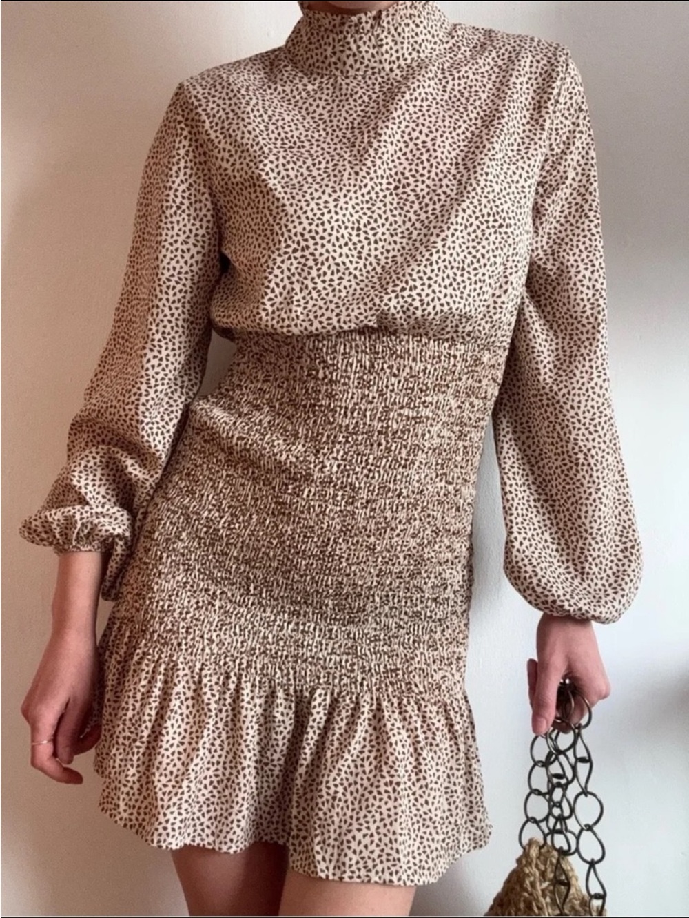 Neutral Speckle Smocked Mini Dress